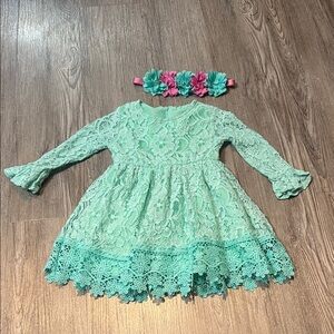 Mint Lace Dress with Floral Headband-Size XS (12m)